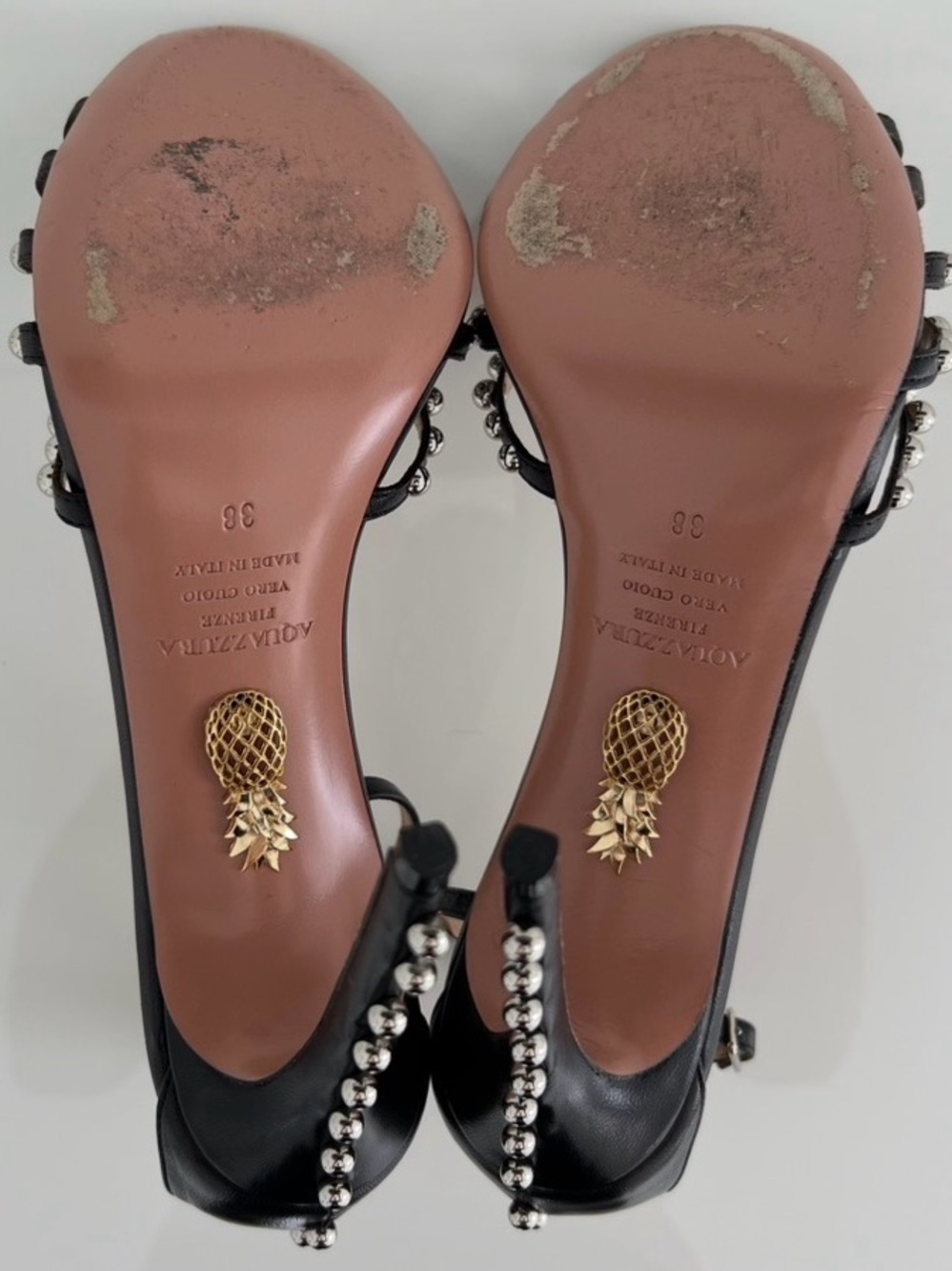 AQUAZZURA BLACK LEATHER SILVER STUDDED SANDALS SIZE IT 38 / US 8 - Picture 17 of 17